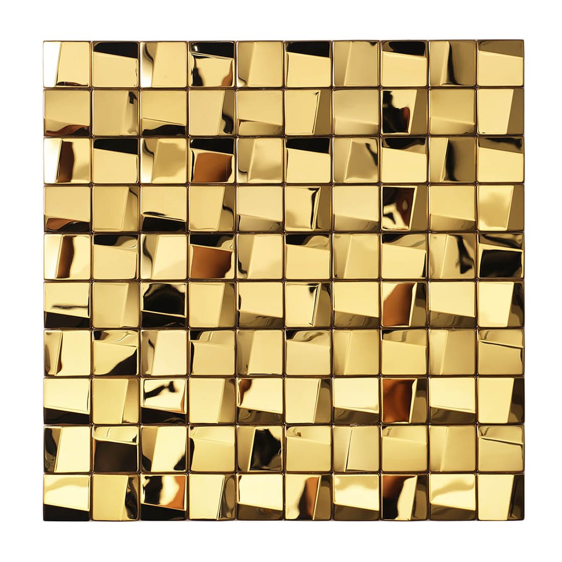 Front view of a luxury gold 3D square mosaic stainless steel wall tile sheet.