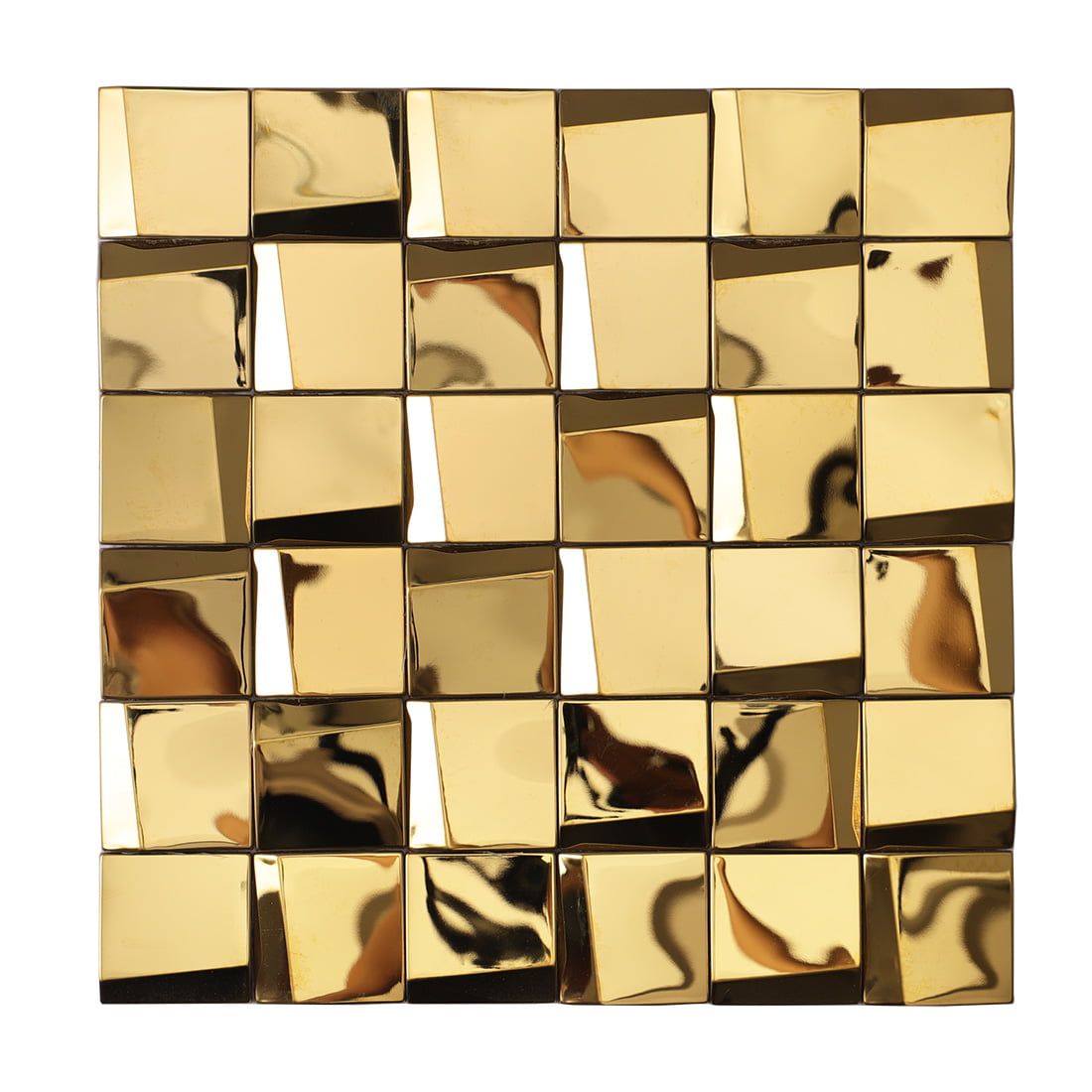Front view of a luxury gold 3D square mosaic stainless steel wall tile sheet