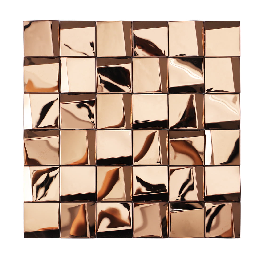 Front view of a luxury rose gold 3D square mosaic stainless steel wall tile sheet.