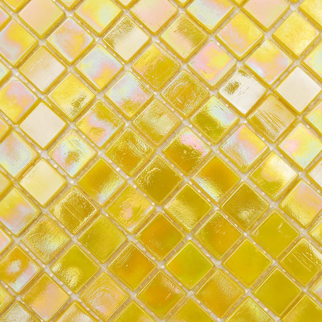 Macro shot of iridescent lemon yellow glass mosaic tiles with shifting rainbow highlights