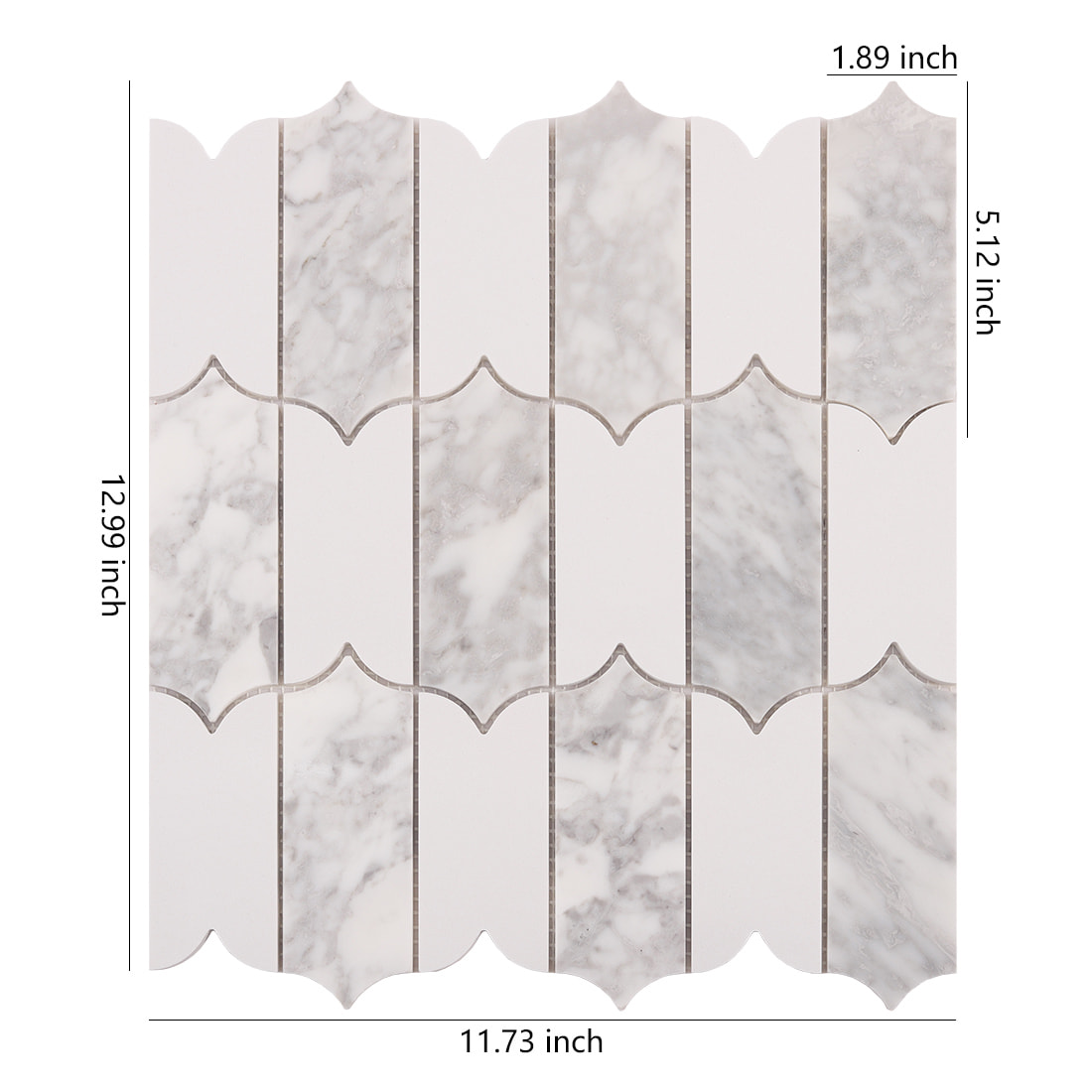 Lantern mosaic tile sheet in white and gray marble with size dimensions shown
