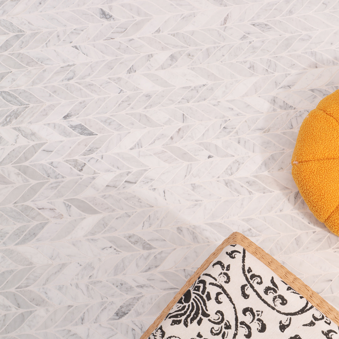 Installed marble leaf mosaic surface 