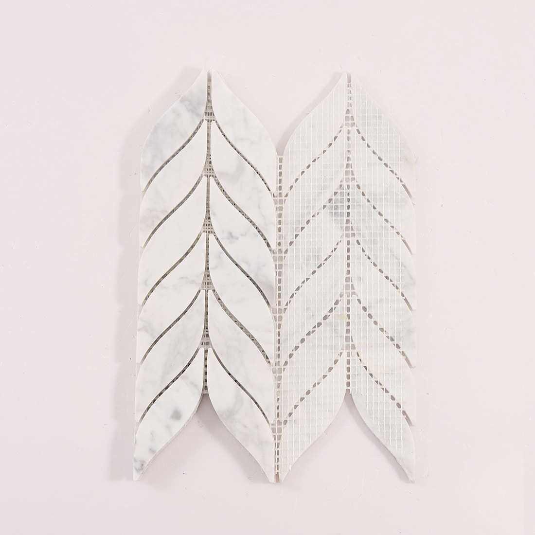 Front and back view of marble leaf mosaic tile sheet with mesh backing