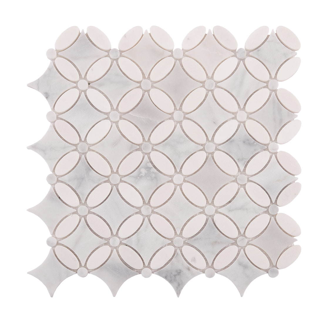 Full view of marble oval flower mosaic tile on mesh backing