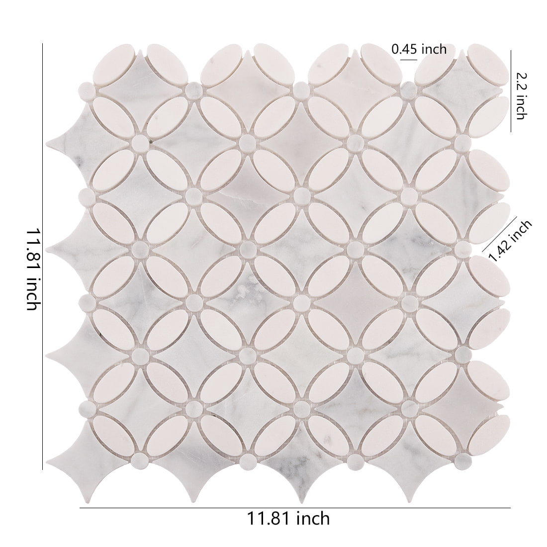 Marble oval flower mosaic tile sheet with size markings
