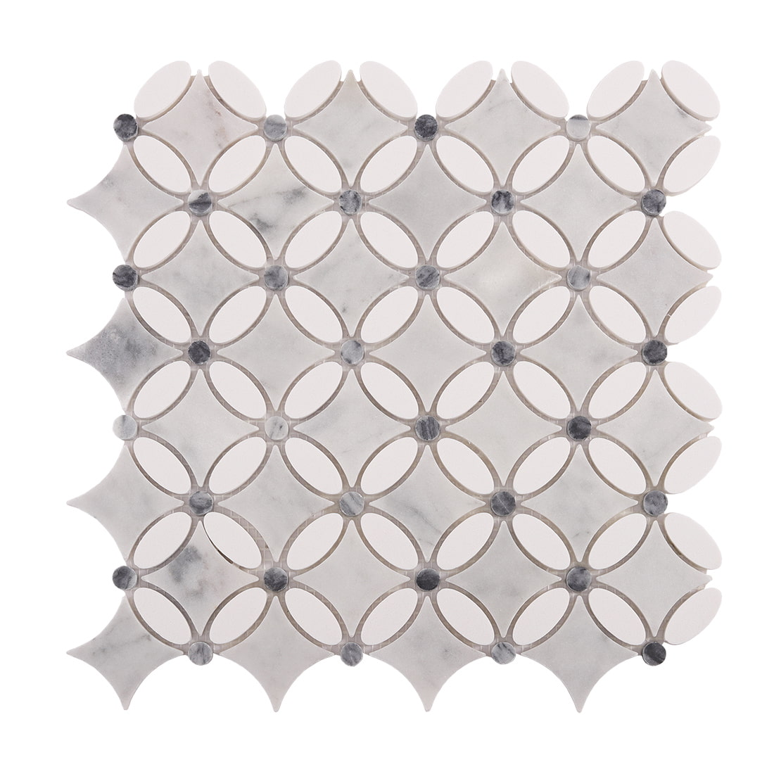 Marble and white oval lattice mosaic tile sheet on white background