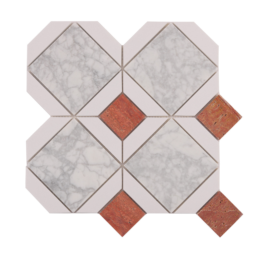 Top view of geometric marble mosaic tiles with white and terracotta details