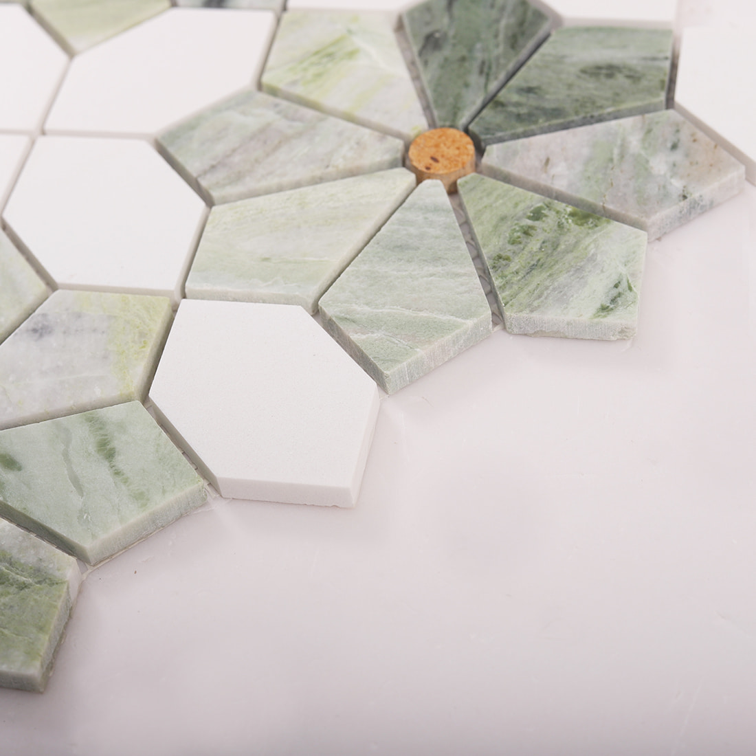 Angled close up showing marble mosaic thickness and edges