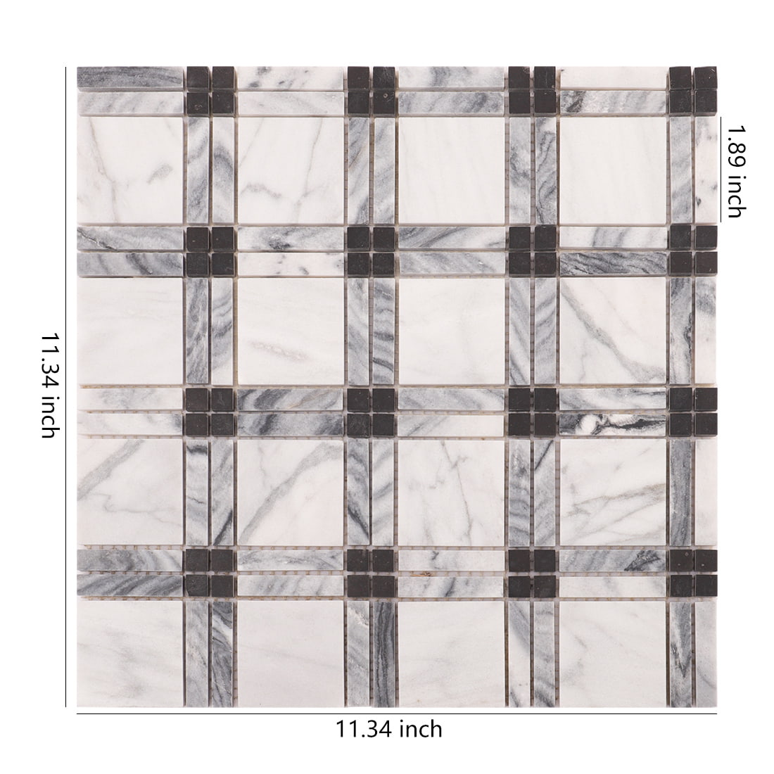 White marble square grid mosaic with gray bands and black corner dots, dimensions shown.