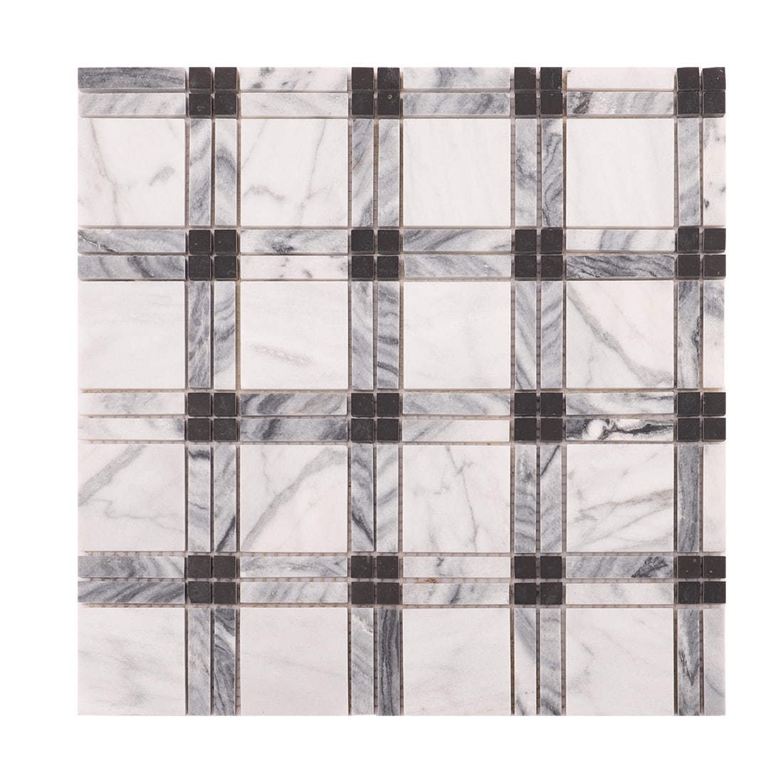 Top view of white marble squares with gray liner grid and black dot intersections.
