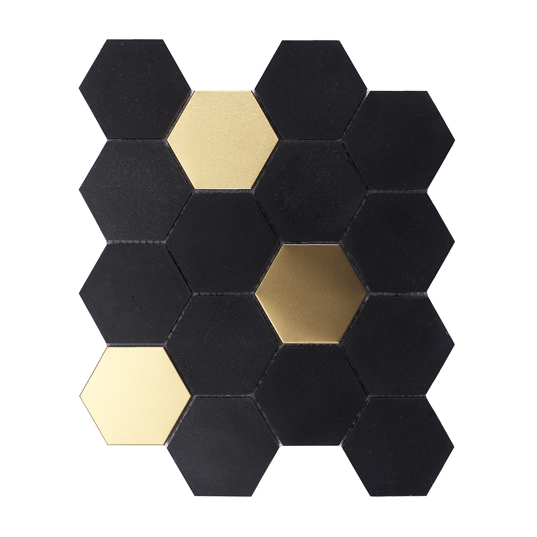 Front view of a matte black and brushed gold hexagonal mosaic tile sheet.