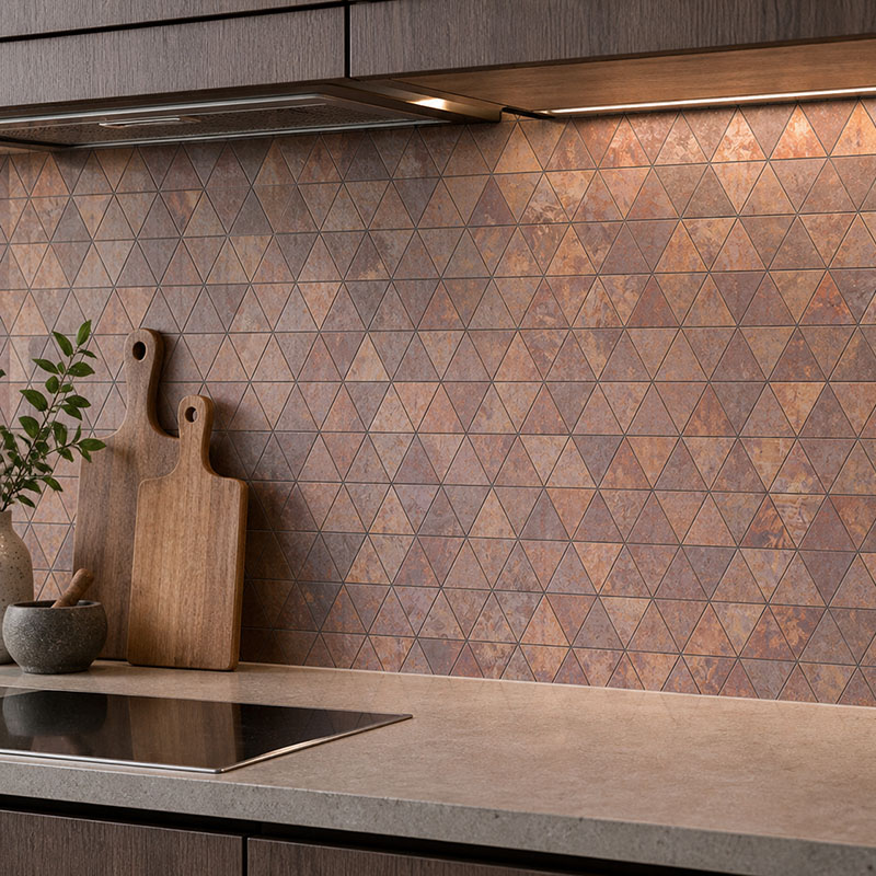 Rustic matte triangle metal tile backsplash in modern kitchen wall