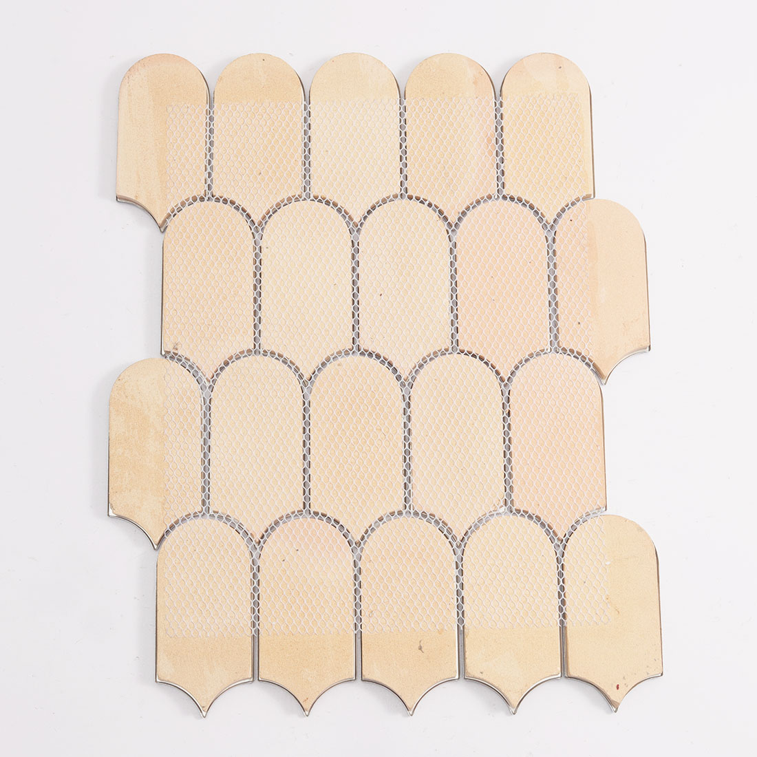 Mesh back view of blue rounded arch aluminum mosaic tile sheet