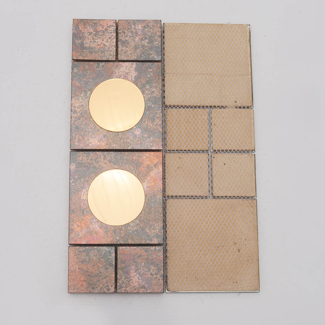 Mesh back view of copper aluminum mosaic tile with round glass inserts