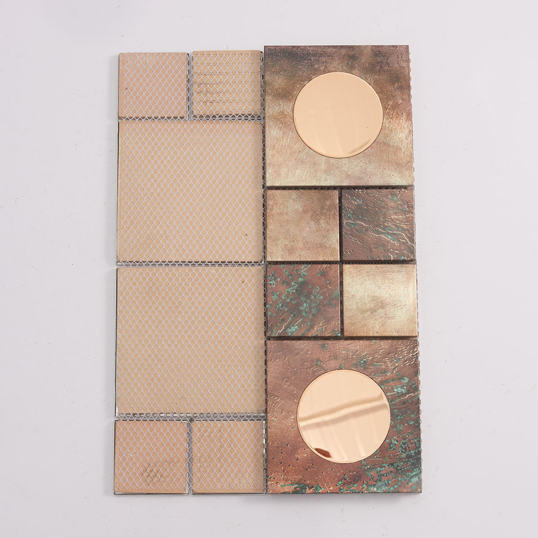 Mesh back view of copper aluminum mosaic tile with round mirror glass inserts