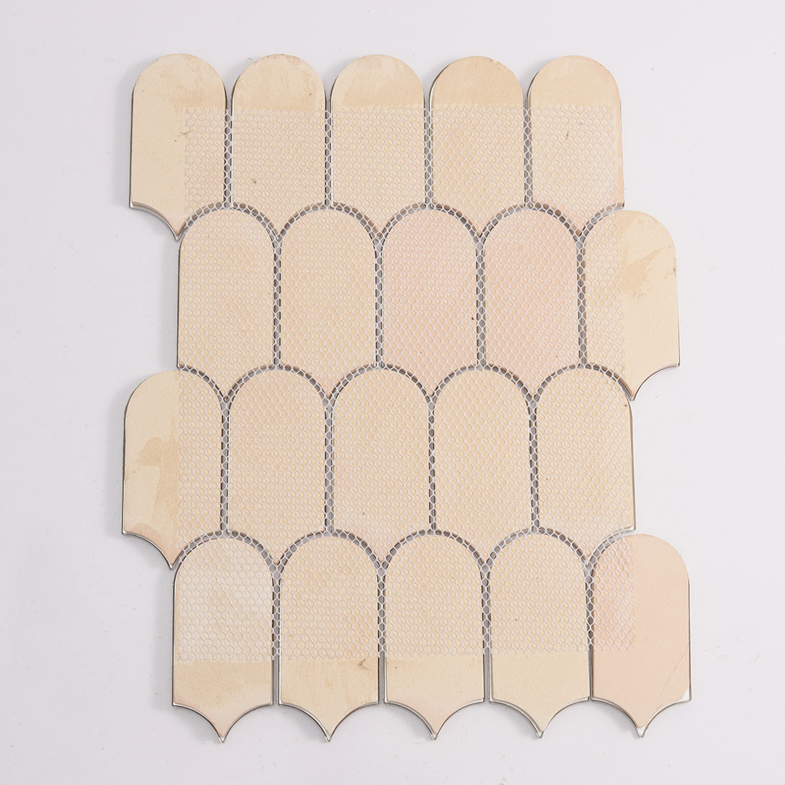 Mesh back view of cream gold lantern aluminum mosaic tile sheet