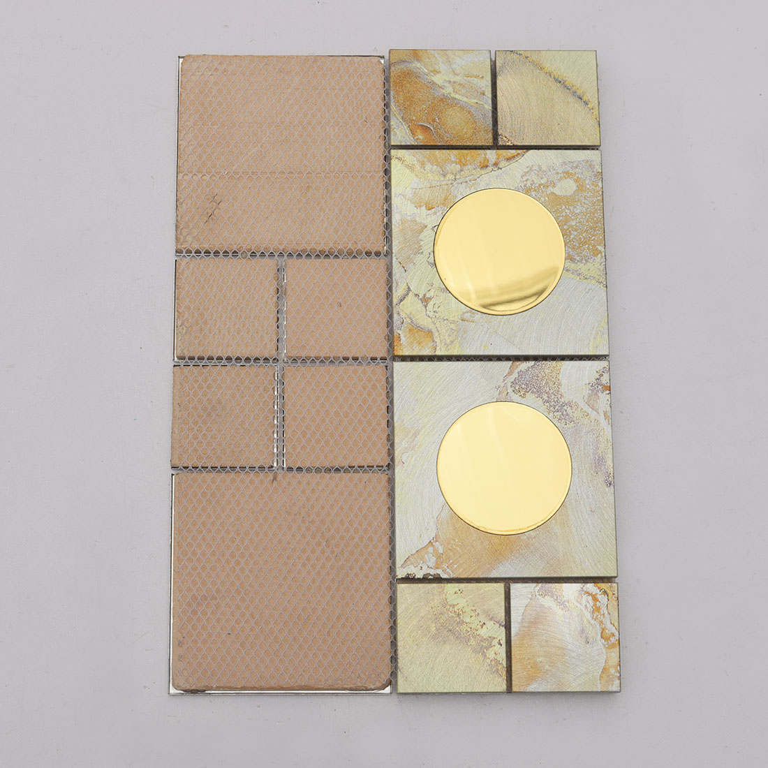 Mesh back view of cream aluminum mosaic tile with gold round mirror inserts