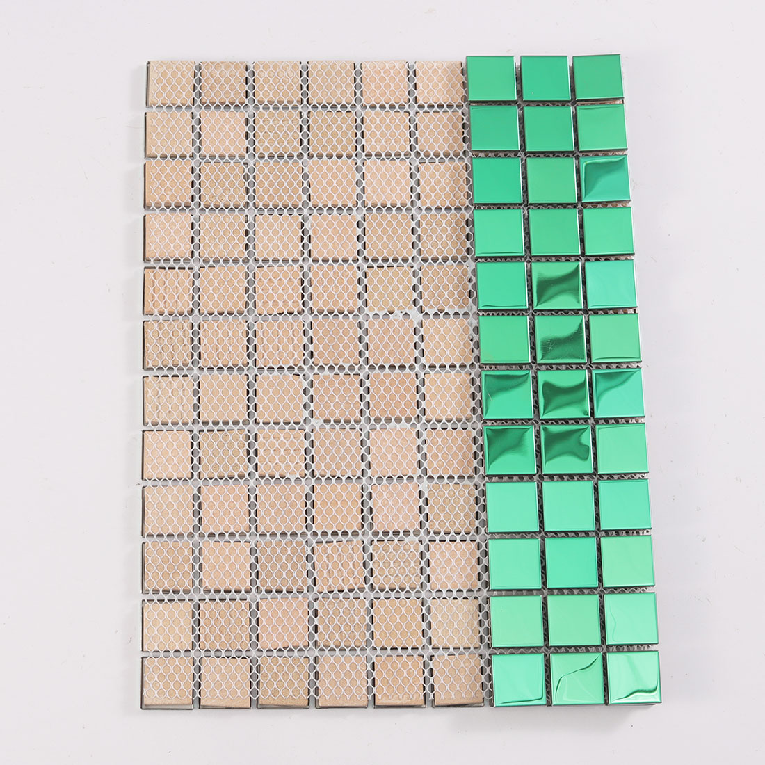 Mesh back view of green stainless steel mosaic tile with 23mm square chips