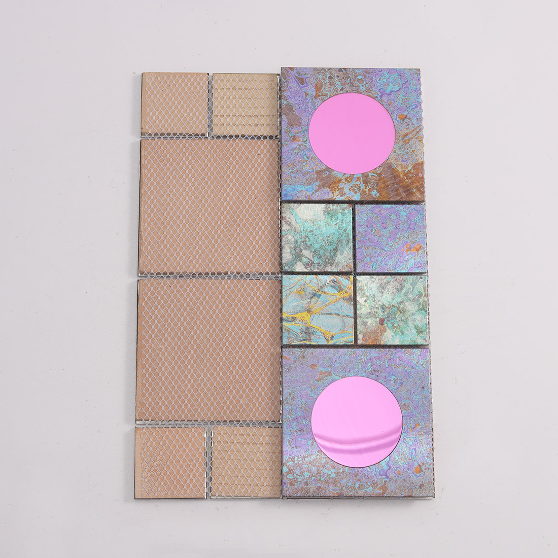 Mesh back view of iridescent square mosaic tile with pink mirror inserts