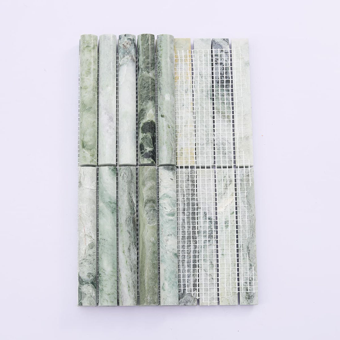 Back view of mesh-mounted jade green marble half-round strip mosaic sheet