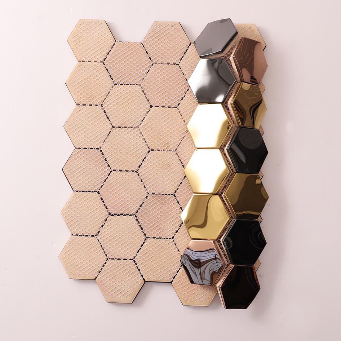 Front and back view of metal hexagon tiles showing the fiber mesh mounting.
