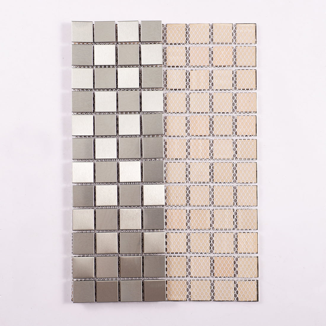 Comparison of the front and mesh backing of metal mosaic tile sheets.