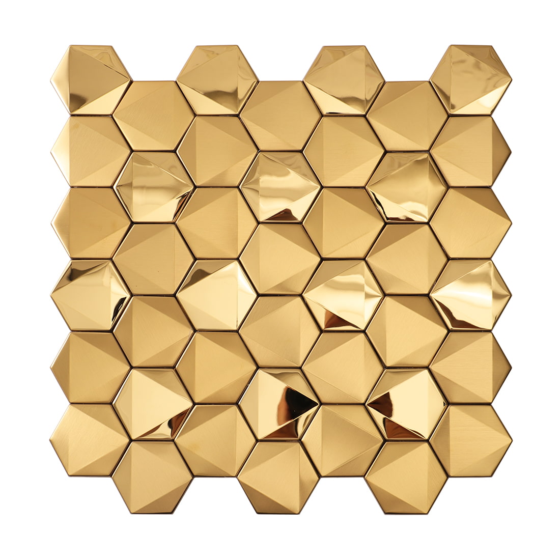 Front view of a full sheet of metallic gold 3D hexagonal mosaic tiles
