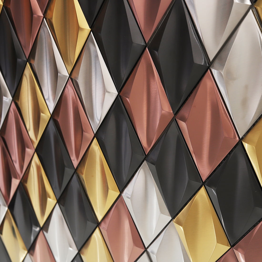 Detailed view of mixed color diamond metal mosaic tiles