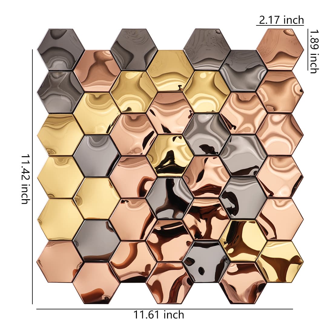 Hexagon mosaic sheet with 11.42 by 11.61 inch dimensions and individual tile sizes.