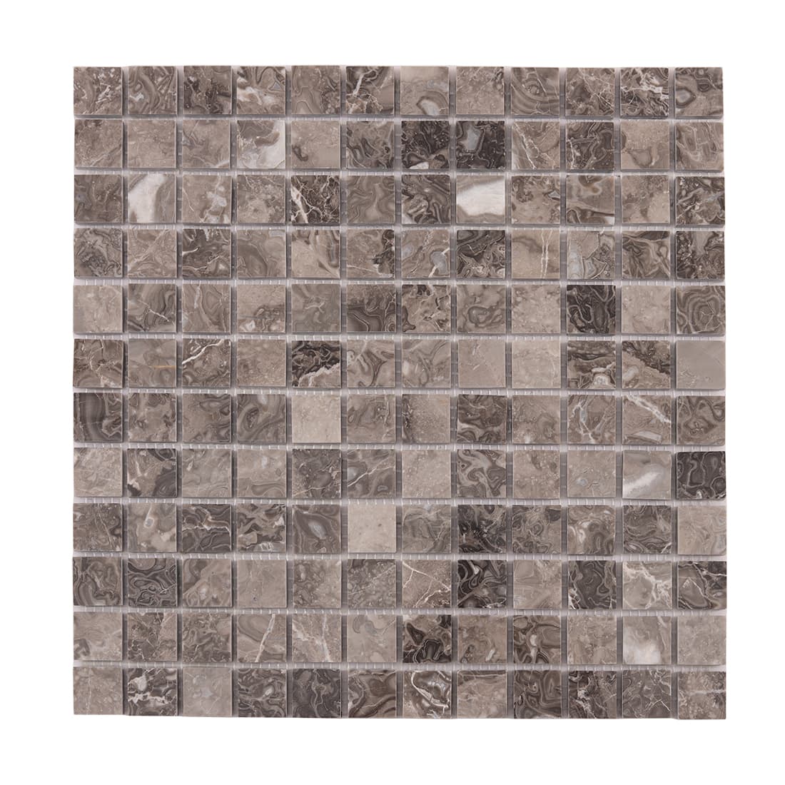 Mixed brown marble square mosaic tiles arranged in a uniform grid