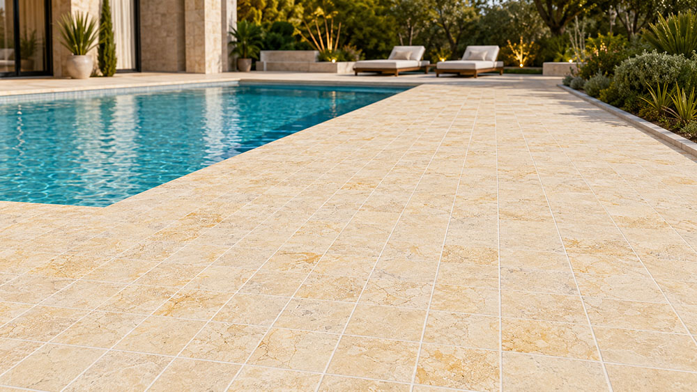 Beige swimming pool coping tiles surrounding a modern backyard pool