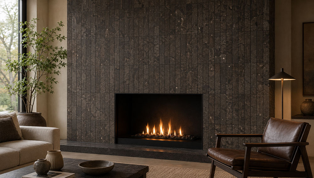 Modern fireplace tiles on a dark stone feature wall in a contemporary living room