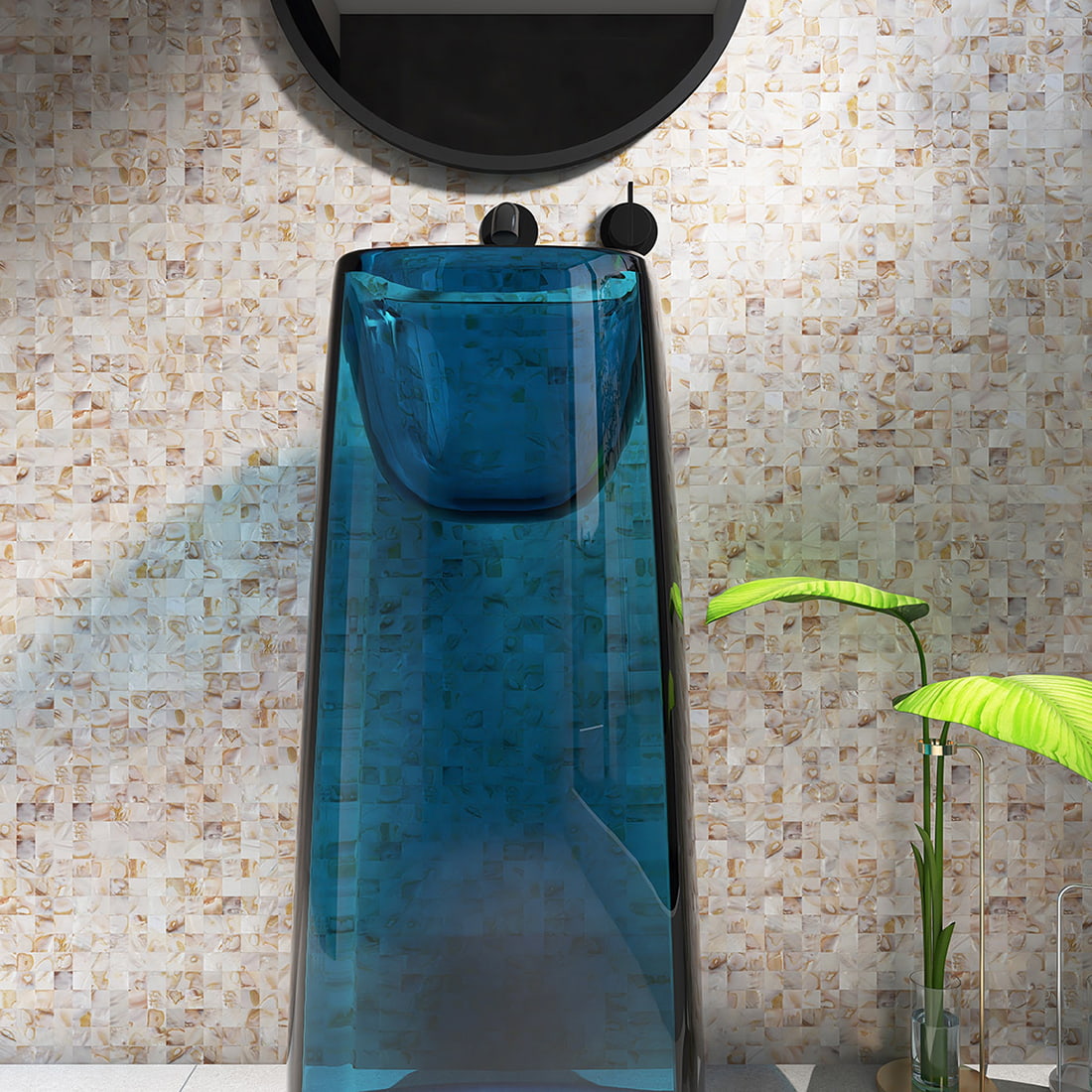 Blue glass vanity sink set against beige natural shell mosaic tile wall