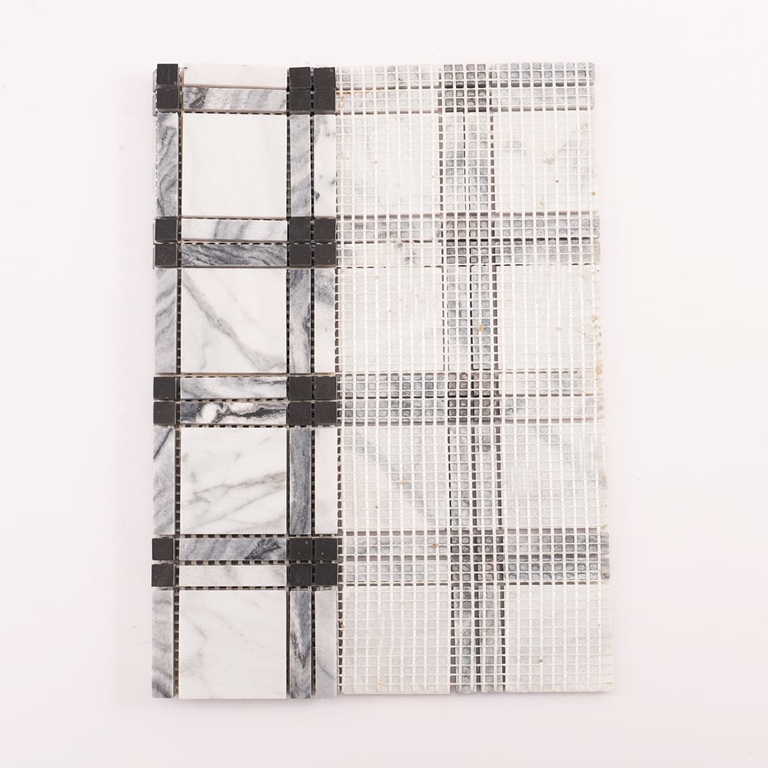 Half front and half back view showing tile layout and fiberglass mesh backing.