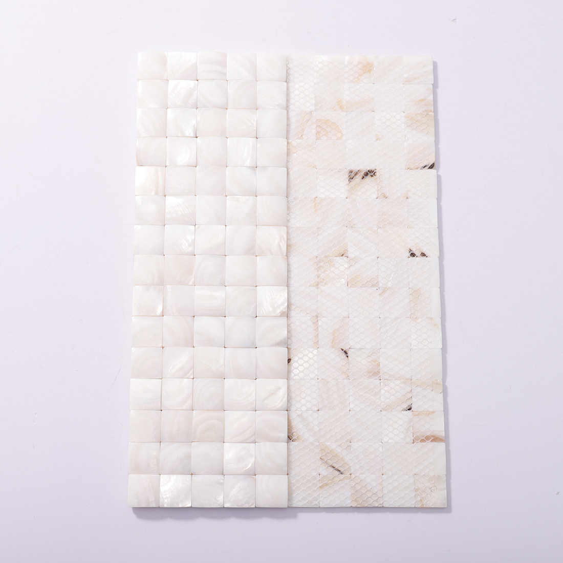 Mosaic sheet shown with front tiles and mesh backing side by side
