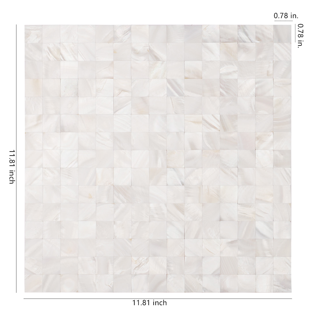 Size diagram of mother of pearl mosaic tile sheet 11.81 x 11.81 inches