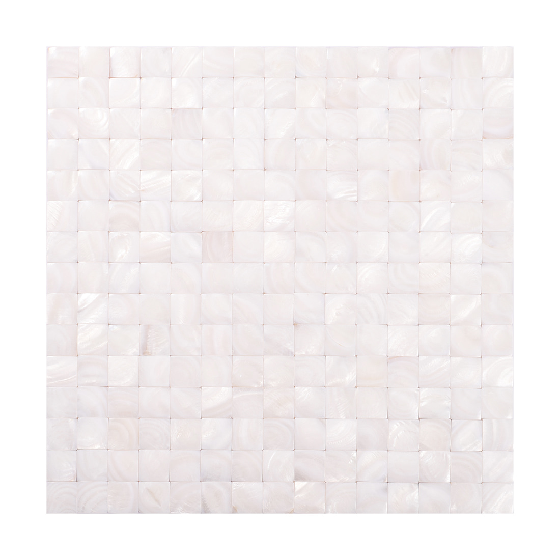 Front view of mother of pearl square mosaic sheet on white background
