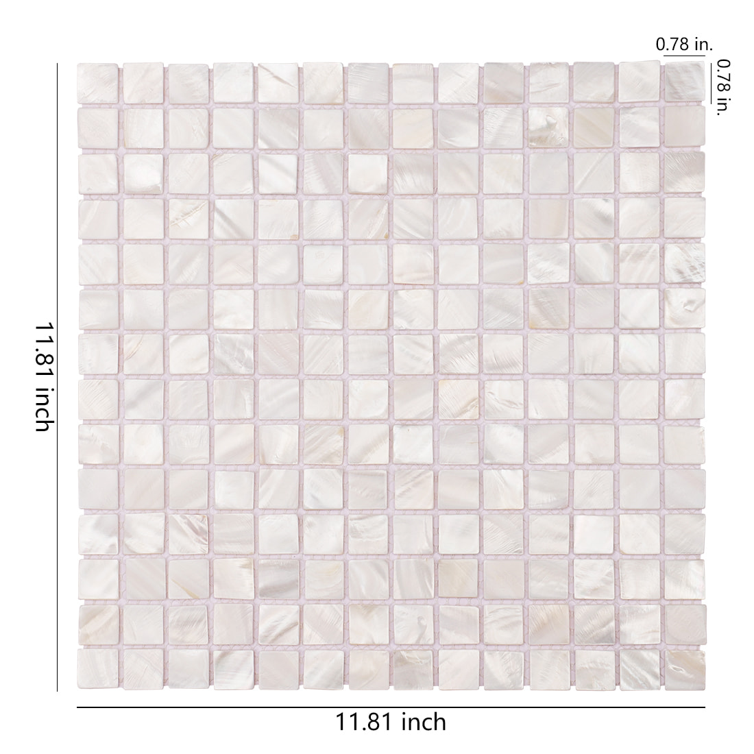 Mother of pearl square mosaic sheet with size and chip measurements