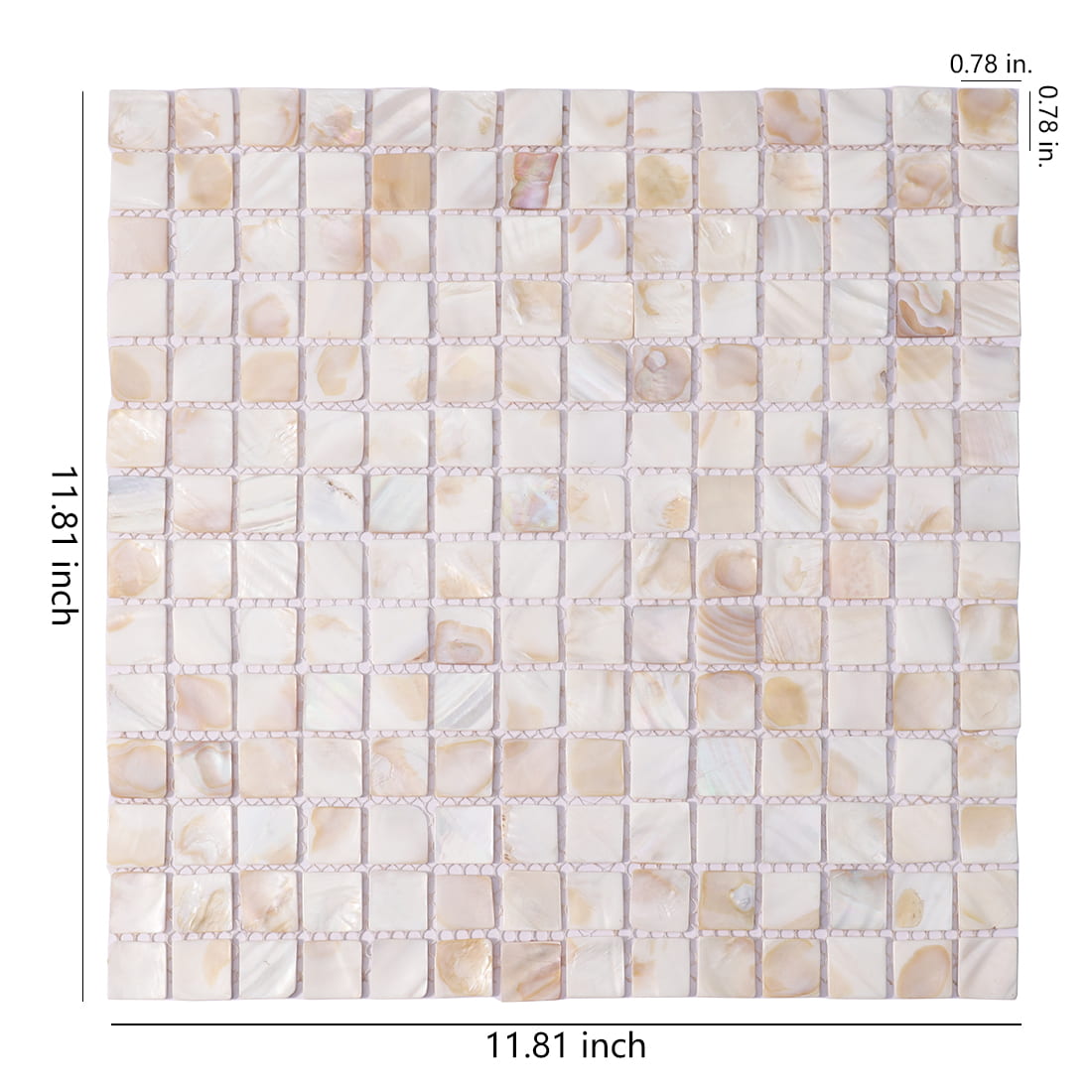 Square mother of pearl mosaic sheet with size and tile measurements