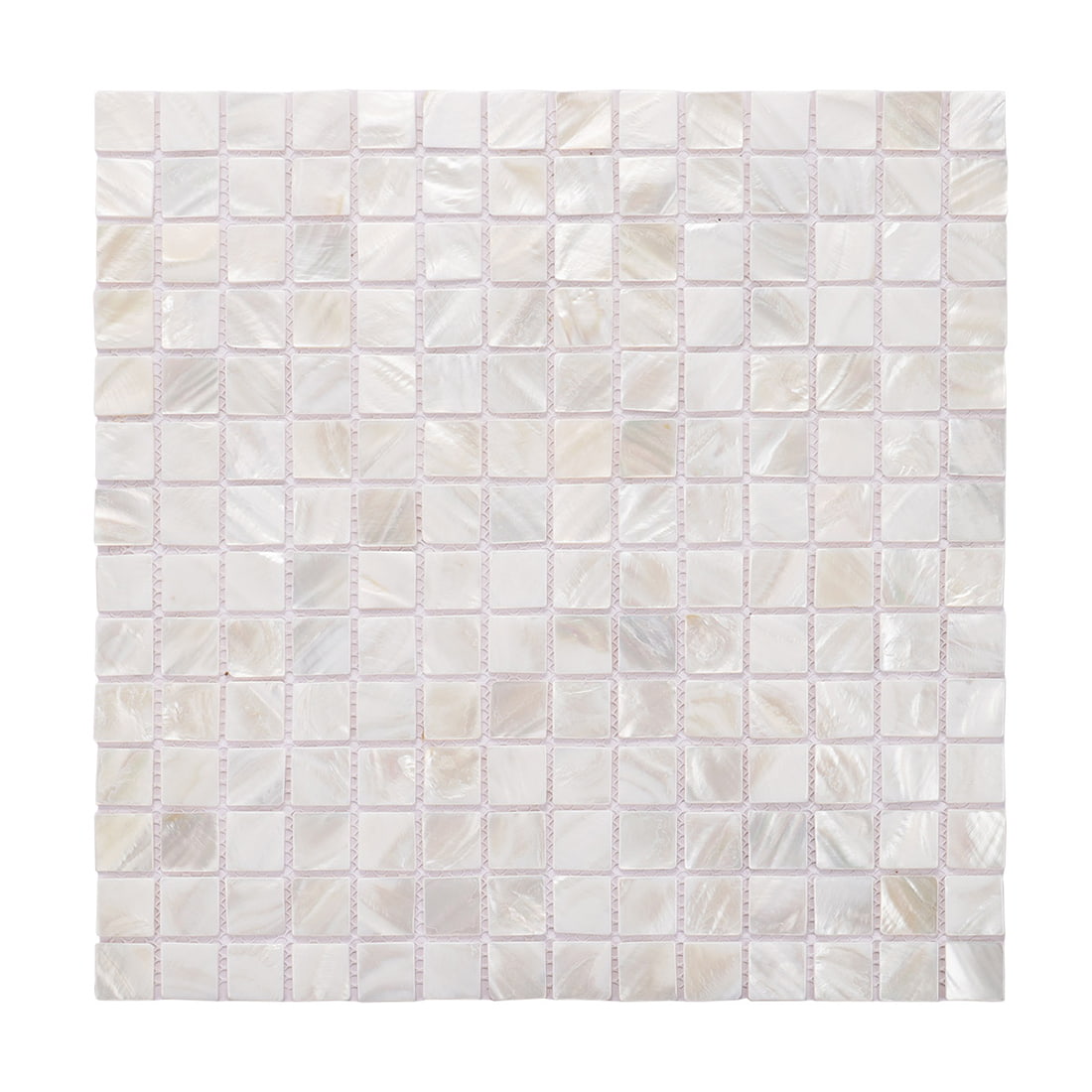 Full view of mother of pearl square mosaic tile sheet on white background