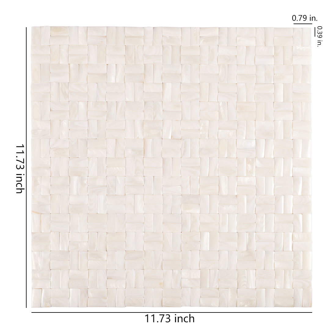 Mother of pearl basketweave mosaic sheet with size dimensions on white background