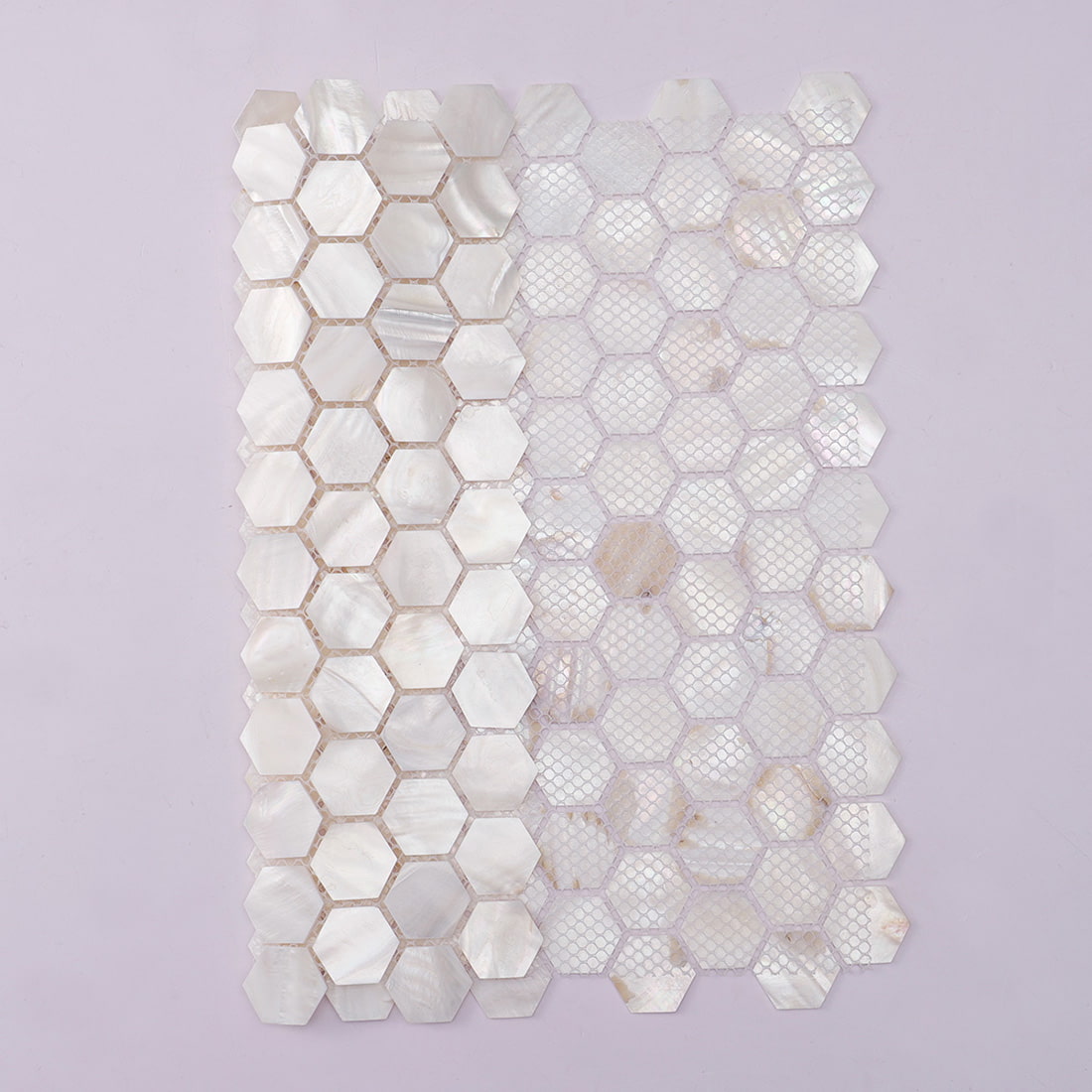 Front and mesh backing view of mother of pearl hexagon mosaic sheet