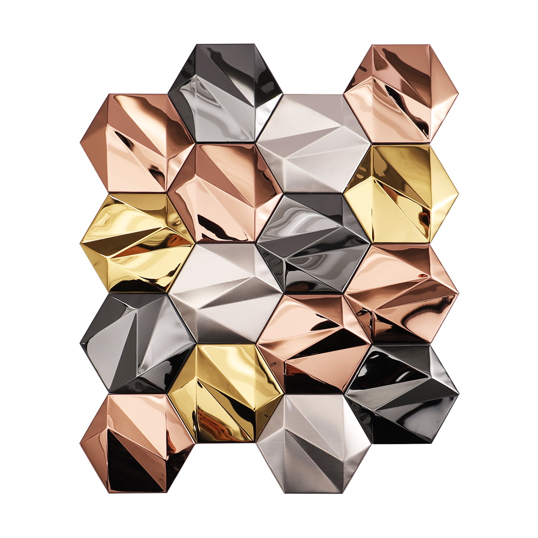 A sheet of faceted 3D mosaic tiles in gold, rose gold, silver, and black finishes.