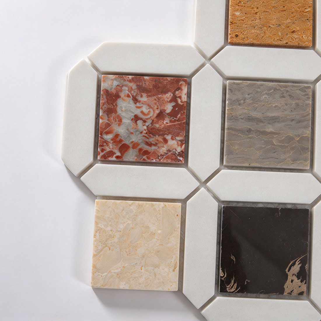 Front view of multicolor diamond marble mosaic tile sheet