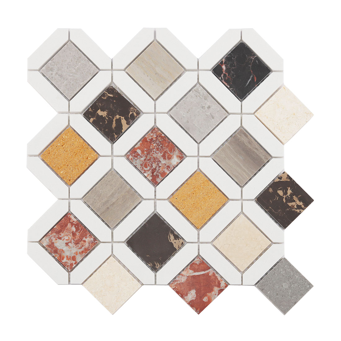 Front view of multicolor diamond marble mosaic tile sheet
