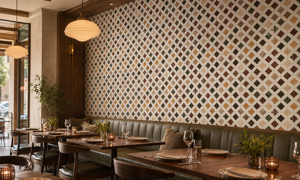 Multicolor diamond mosaic wall tiles in an elegant restaurant dining area