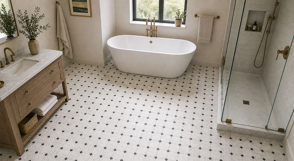 {"default":"Wide view of bathroom with octagon tile flooring bathtub and walk in shower modern design"}
