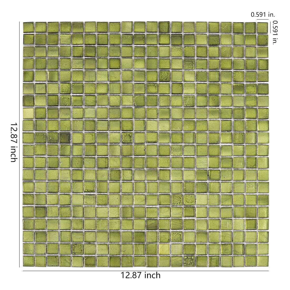 Square olive green glass mosaic tile sheet with dimensions 12.87x12.87 inch and 0.591 inch small tiles
