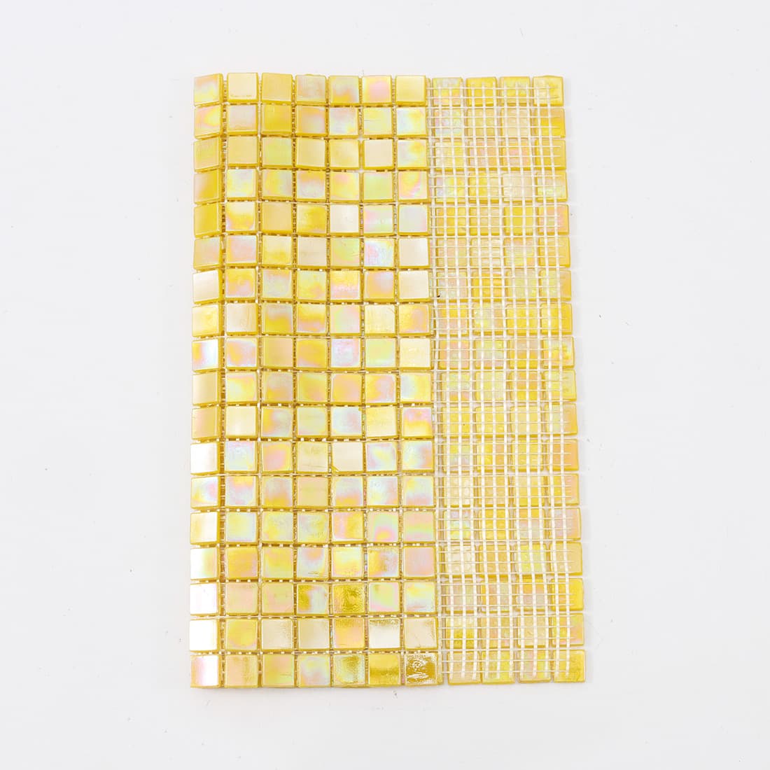 View of opalescent light yellow iridescent glass mosaic tile sheet with exposed mesh