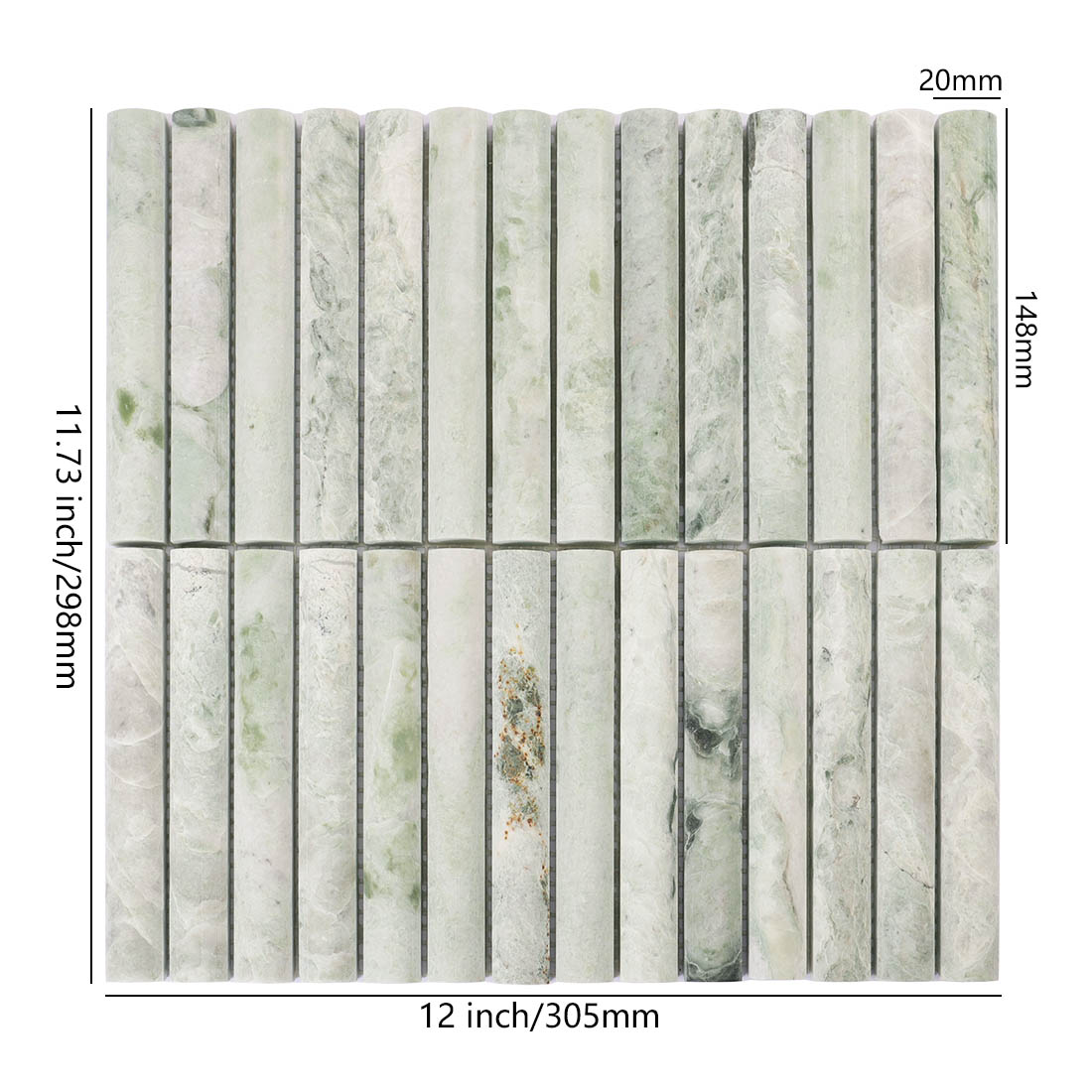 Pale green marble half round tile with 20 x 148 mm chips and sheet dimensions